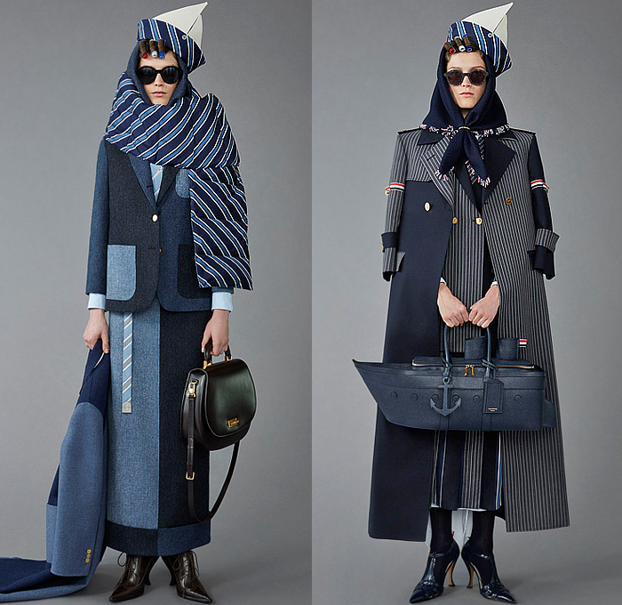 Thom Browne 2023 Pre-Fall Autumn Womens Lookbook Collection - Moby Dick Sailor Hat Sailboat Boat Ship Lighthouse Ocean Sea Whale Scarf Houndstooth Check Plaid Oversized Coat Blazer Jacket Stitches Accordion Pleats Stripes Pinstripe Herringbone Pencil Skirt Tights Leggings Tweed Quilted Puffer Patchwork Colorblock Drawstring Shorts Wool Dog-Mermaid Dachshund Bag Handbag Brogues Kitten Heels