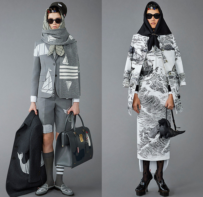 Thom Browne 2023 Pre-Fall Autumn Womens Lookbook Collection - Moby Dick Sailor Hat Sailboat Boat Ship Lighthouse Ocean Sea Whale Scarf Houndstooth Check Plaid Oversized Coat Blazer Jacket Stitches Accordion Pleats Stripes Pinstripe Herringbone Pencil Skirt Tights Leggings Tweed Quilted Puffer Patchwork Colorblock Drawstring Shorts Wool Dog-Mermaid Dachshund Bag Handbag Brogues Kitten Heels