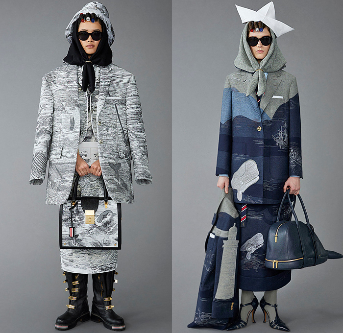 Thom Browne 2023 Pre-Fall Autumn Womens Lookbook Collection - Moby Dick Sailor Hat Sailboat Boat Ship Lighthouse Ocean Sea Whale Scarf Houndstooth Check Plaid Oversized Coat Blazer Jacket Stitches Accordion Pleats Stripes Pinstripe Herringbone Pencil Skirt Tights Leggings Tweed Quilted Puffer Patchwork Colorblock Drawstring Shorts Wool Dog-Mermaid Dachshund Bag Handbag Brogues Kitten Heels