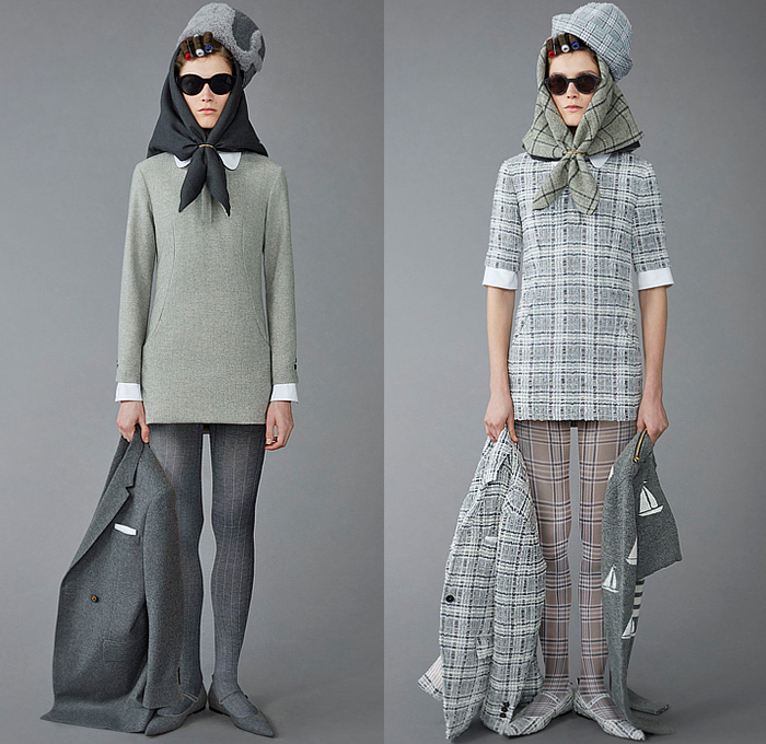 Thom Browne 2023 Pre-Fall Autumn Womens Lookbook Collection - Moby Dick Sailor Hat Sailboat Boat Ship Lighthouse Ocean Sea Whale Scarf Houndstooth Check Plaid Oversized Coat Blazer Jacket Stitches Accordion Pleats Stripes Pinstripe Herringbone Pencil Skirt Tights Leggings Tweed Quilted Puffer Patchwork Colorblock Drawstring Shorts Wool Dog-Mermaid Dachshund Bag Handbag Brogues Kitten Heels