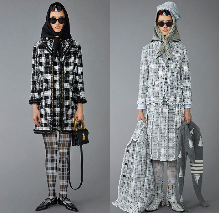 Thom Browne 2023 Pre-Fall Autumn Womens Lookbook Collection - Moby Dick Sailor Hat Sailboat Boat Ship Lighthouse Ocean Sea Whale Scarf Houndstooth Check Plaid Oversized Coat Blazer Jacket Stitches Accordion Pleats Stripes Pinstripe Herringbone Pencil Skirt Tights Leggings Tweed Quilted Puffer Patchwork Colorblock Drawstring Shorts Wool Dog-Mermaid Dachshund Bag Handbag Brogues Kitten Heels