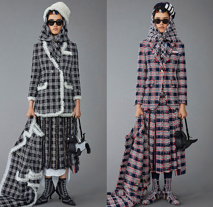 Thom Browne 2023 Pre-Fall Autumn Womens Lookbook Collection - Moby Dick Sailor Hat Sailboat Boat Ship Lighthouse Ocean Sea Whale Scarf Houndstooth Check Plaid Oversized Coat Blazer Jacket Stitches Accordion Pleats Stripes Pinstripe Herringbone Pencil Skirt Tights Leggings Tweed Quilted Puffer Patchwork Colorblock Drawstring Shorts Wool Dog-Mermaid Dachshund Bag Handbag Brogues Kitten Heels