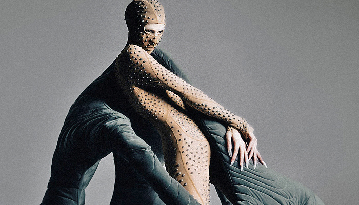 threeASFOUR 2023-2024 Fall Autumn Womens Lookbook Presentation - Haute Couture Avant Garde High Fashion - Parallel Universe Science Fiction Space Alien Light-Filled Tubes Luminus Hood Tiered Armor Plates Metal Quilted Puffer Sculpture Organic Shape Disc Turtleneck Onesie Unitard Cutout Swirls Stripes Balaclava Studs Bedazzled Culottes Shorts Hump Bump Gown Spiral Sheer Tulle Elevator Shoes Boots Helmet