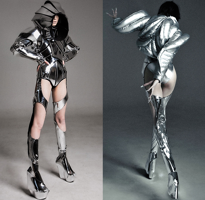 threeASFOUR 2023-2024 Fall Autumn Womens Lookbook Presentation - Haute Couture Avant Garde High Fashion - Parallel Universe Science Fiction Space Alien Light-Filled Tubes Luminus Hood Tiered Armor Plates Metal Quilted Puffer Sculpture Organic Shape Disc Turtleneck Onesie Unitard Cutout Swirls Stripes Balaclava Studs Bedazzled Culottes Shorts Hump Bump Gown Spiral Sheer Tulle Elevator Shoes Boots Helmet