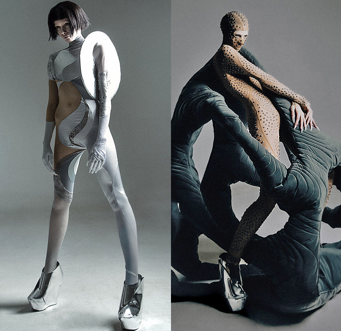 threeASFOUR 2023-2024 Fall Autumn Womens Lookbook Presentation - Haute Couture Avant Garde High Fashion - Parallel Universe Science Fiction Space Alien Light-Filled Tubes Luminus Hood Tiered Armor Plates Metal Quilted Puffer Sculpture Organic Shape Disc Turtleneck Onesie Unitard Cutout Swirls Stripes Balaclava Studs Bedazzled Culottes Shorts Hump Bump Gown Spiral Sheer Tulle Elevator Shoes Boots Helmet