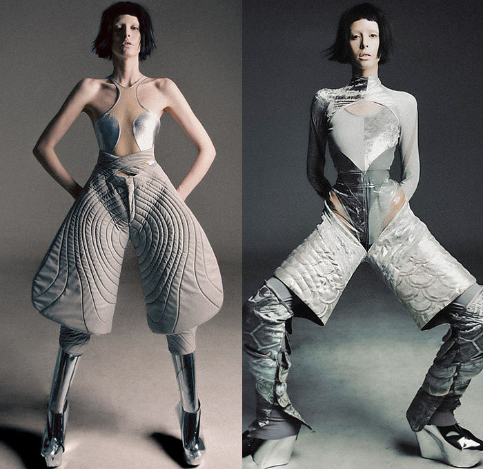 threeASFOUR 2023-2024 Fall Autumn Womens Lookbook Presentation - Haute Couture Avant Garde High Fashion - Parallel Universe Science Fiction Space Alien Light-Filled Tubes Luminus Hood Tiered Armor Plates Metal Quilted Puffer Sculpture Organic Shape Disc Turtleneck Onesie Unitard Cutout Swirls Stripes Balaclava Studs Bedazzled Culottes Shorts Hump Bump Gown Spiral Sheer Tulle Elevator Shoes Boots Helmet