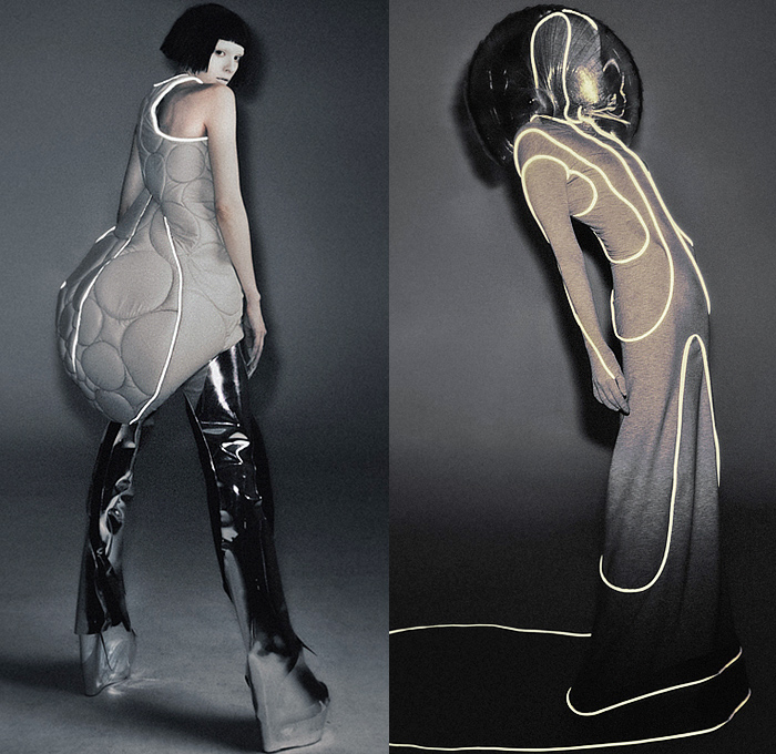threeASFOUR 2023-2024 Fall Autumn Womens Lookbook Presentation - Haute Couture Avant Garde High Fashion - Parallel Universe Science Fiction Space Alien Light-Filled Tubes Luminus Hood Tiered Armor Plates Metal Quilted Puffer Sculpture Organic Shape Disc Turtleneck Onesie Unitard Cutout Swirls Stripes Balaclava Studs Bedazzled Culottes Shorts Hump Bump Gown Spiral Sheer Tulle Elevator Shoes Boots Helmet