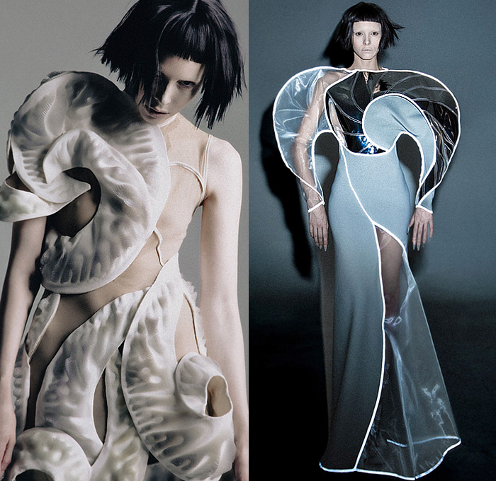 threeASFOUR 2023-2024 Fall Autumn Womens Lookbook Presentation - Haute Couture Avant Garde High Fashion - Parallel Universe Science Fiction Space Alien Light-Filled Tubes Luminus Hood Tiered Armor Plates Metal Quilted Puffer Sculpture Organic Shape Disc Turtleneck Onesie Unitard Cutout Swirls Stripes Balaclava Studs Bedazzled Culottes Shorts Hump Bump Gown Spiral Sheer Tulle Elevator Shoes Boots Helmet