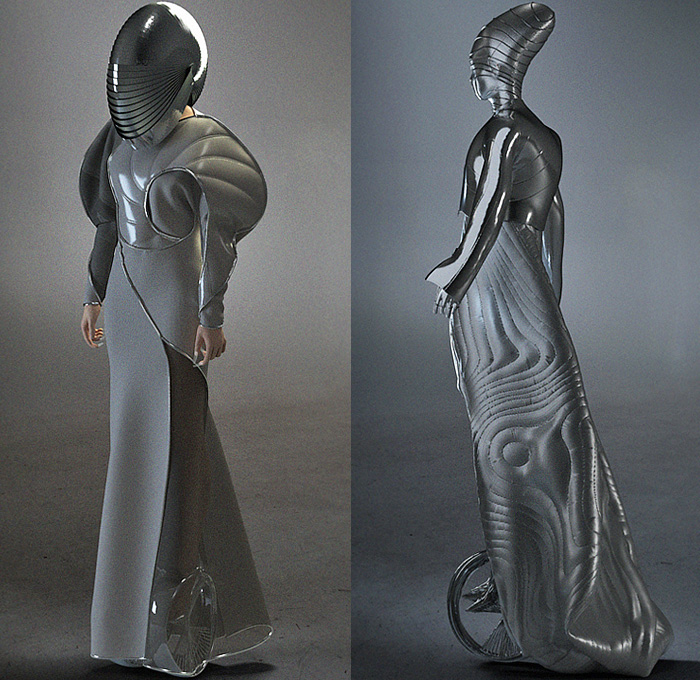 threeASFOUR 2023-2024 Fall Autumn Womens Lookbook Presentation - Haute Couture Avant Garde High Fashion - Parallel Universe Science Fiction Space Alien Light-Filled Tubes Luminus Hood Tiered Armor Plates Metal Quilted Puffer Sculpture Organic Shape Disc Turtleneck Onesie Unitard Cutout Swirls Stripes Balaclava Studs Bedazzled Culottes Shorts Hump Bump Gown Spiral Sheer Tulle Elevator Shoes Boots Helmet