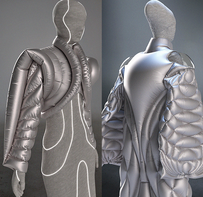 threeASFOUR 2023-2024 Fall Autumn Womens Lookbook Presentation - Haute Couture Avant Garde High Fashion - Parallel Universe Science Fiction Space Alien Light-Filled Tubes Luminus Hood Tiered Armor Plates Metal Quilted Puffer Sculpture Organic Shape Disc Turtleneck Onesie Unitard Cutout Swirls Stripes Balaclava Studs Bedazzled Culottes Shorts Hump Bump Gown Spiral Sheer Tulle Elevator Shoes Boots Helmet