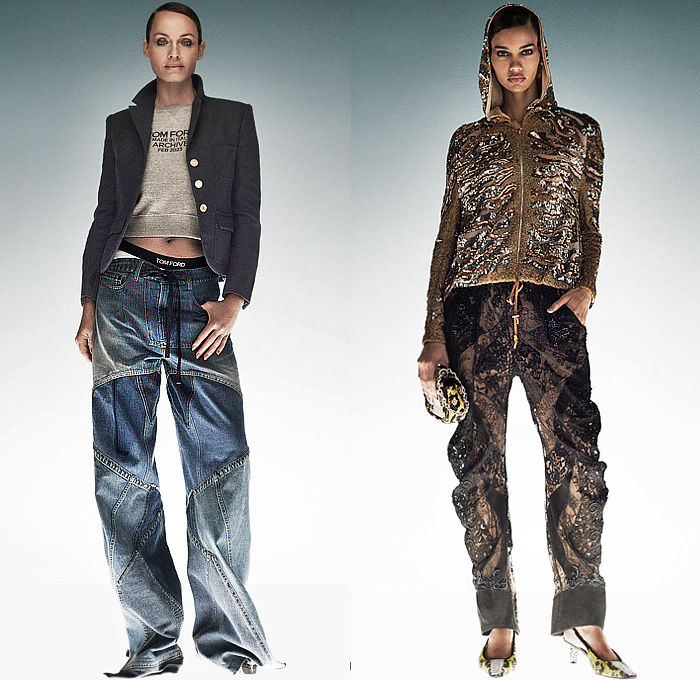 Tom Ford 2023-2024 Fall Autumn Winter Womens Lookbook - Archive Collection - Denim Jacket Jeans Patchwork Skirt Tiger Leopard Alligator Peplum Crop Top Midriff Blazer Hoodie Sweatshirt Bedazzled Sequins Beads Crystals Studs Mirrors Tiles Gems Jewels Jogger Sweatpants Lace Embroidery Mesh Fishnet Peplum Jersey Sporty Miniskirt Sweater Pantsuit Fringes Noodle Strap Dress Strapless Gown Sheer Chiffon Pleats Corset Ruffles Cape Cutout Halterneck Bow Shirt Briefs Tights Gladiators Heels