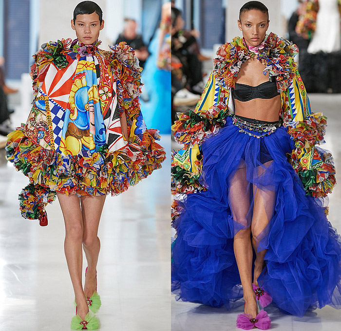 Tomo Koizumi 2023-2024 Fall Autumn Winter Womens Runway Looks - Milano Moda Donna Collezione Milan Fashion Week Italy - Supported By Dolce & Gabbana - Fiesta Festival Voluminous Sculpture Ruffles Frills Tiered Flowers Floral Trompe L'oeil Roman Soldiers Stripes Rainbow Bedazzled Studs Gems Sheer Tulle Crop Top Midriff Bralette Strapless Noodle Strap Laces Fringes Colorblock Gradient Ombré Cape Poodle Skirt Puff Ball Babydoll Dress Gown Train Draped Gladiator Handbag Tote