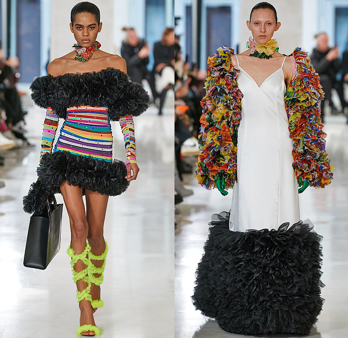 Tomo Koizumi 2023-2024 Fall Autumn Winter Womens Runway Looks - Milano Moda Donna Collezione Milan Fashion Week Italy - Supported By Dolce & Gabbana - Fiesta Festival Voluminous Sculpture Ruffles Frills Tiered Flowers Floral Trompe L'oeil Roman Soldiers Stripes Rainbow Bedazzled Studs Gems Sheer Tulle Crop Top Midriff Bralette Strapless Noodle Strap Laces Fringes Colorblock Gradient Ombré Cape Poodle Skirt Puff Ball Babydoll Dress Gown Train Draped Gladiator Handbag Tote