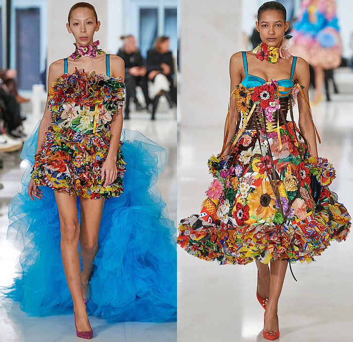 Tomo Koizumi 2023-2024 Fall Autumn Winter Womens Runway Looks - Milano Moda Donna Collezione Milan Fashion Week Italy - Supported By Dolce & Gabbana - Fiesta Festival Voluminous Sculpture Ruffles Frills Tiered Flowers Floral Trompe L'oeil Roman Soldiers Stripes Rainbow Bedazzled Studs Gems Sheer Tulle Crop Top Midriff Bralette Strapless Noodle Strap Laces Fringes Colorblock Gradient Ombré Cape Poodle Skirt Puff Ball Babydoll Dress Gown Train Draped Gladiator Handbag Tote