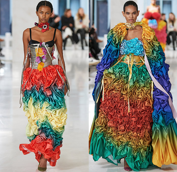 Tomo Koizumi 2023-2024 Fall Autumn Winter Womens Runway Looks - Milano Moda Donna Collezione Milan Fashion Week Italy - Supported By Dolce & Gabbana - Fiesta Festival Voluminous Sculpture Ruffles Frills Tiered Flowers Floral Trompe L'oeil Roman Soldiers Stripes Rainbow Bedazzled Studs Gems Sheer Tulle Crop Top Midriff Bralette Strapless Noodle Strap Laces Fringes Colorblock Gradient Ombré Cape Poodle Skirt Puff Ball Babydoll Dress Gown Train Draped Gladiator Handbag Tote