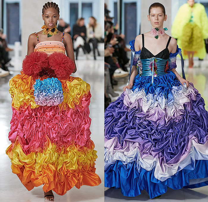 Tomo Koizumi 2023-2024 Fall Autumn Winter Womens Runway Looks - Milano Moda Donna Collezione Milan Fashion Week Italy - Supported By Dolce & Gabbana - Fiesta Festival Voluminous Sculpture Ruffles Frills Tiered Flowers Floral Trompe L'oeil Roman Soldiers Stripes Rainbow Bedazzled Studs Gems Sheer Tulle Crop Top Midriff Bralette Strapless Noodle Strap Laces Fringes Colorblock Gradient Ombré Cape Poodle Skirt Puff Ball Babydoll Dress Gown Train Draped Gladiator Handbag Tote