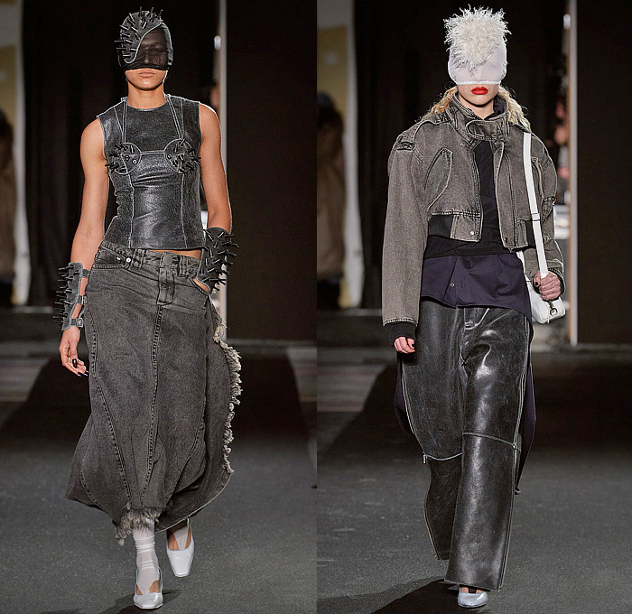 Vaquera 2023-2024 Fall Autumn Winter Womens Runway Collection - Paris Fashion Week Femme PFW - Headwear Studs Spikes Bralette Leather Dark Wash Denim Jeans Fur Crop Top Midriff Hood Balaclava Puff Sleeves Destroyed Wide Belt Plaid Check Bomber Jacket Nylon Patches Quilted Puffer Parka Sheer Tights Parachute Skirt Pockets Draped Harness Mesh Fishnet Fringes Onesie Unitard Jumpsuit Sheer Tulle Shorts Sequins Dress Gown Vest Skirt Panel Plastic Cape Rainwear Lingerie Handbag Gloves 