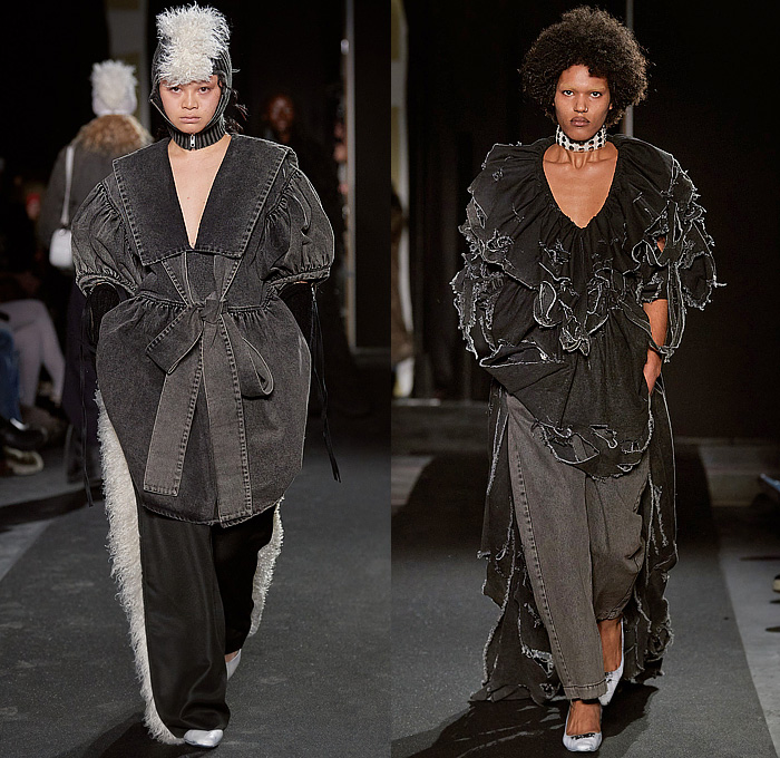 Vaquera 2023-2024 Fall Autumn Winter Womens Runway Collection - Paris Fashion Week Femme PFW - Headwear Studs Spikes Bralette Leather Dark Wash Denim Jeans Fur Crop Top Midriff Hood Balaclava Puff Sleeves Destroyed Wide Belt Plaid Check Bomber Jacket Nylon Patches Quilted Puffer Parka Sheer Tights Parachute Skirt Pockets Draped Harness Mesh Fishnet Fringes Onesie Unitard Jumpsuit Sheer Tulle Shorts Sequins Dress Gown Vest Skirt Panel Plastic Cape Rainwear Lingerie Handbag Gloves 