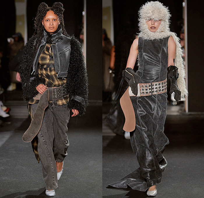 Vaquera 2023-2024 Fall Autumn Winter Womens Runway Collection - Paris Fashion Week Femme PFW - Headwear Studs Spikes Bralette Leather Dark Wash Denim Jeans Fur Crop Top Midriff Hood Balaclava Puff Sleeves Destroyed Wide Belt Plaid Check Bomber Jacket Nylon Patches Quilted Puffer Parka Sheer Tights Parachute Skirt Pockets Draped Harness Mesh Fishnet Fringes Onesie Unitard Jumpsuit Sheer Tulle Shorts Sequins Dress Gown Vest Skirt Panel Plastic Cape Rainwear Lingerie Handbag Gloves 