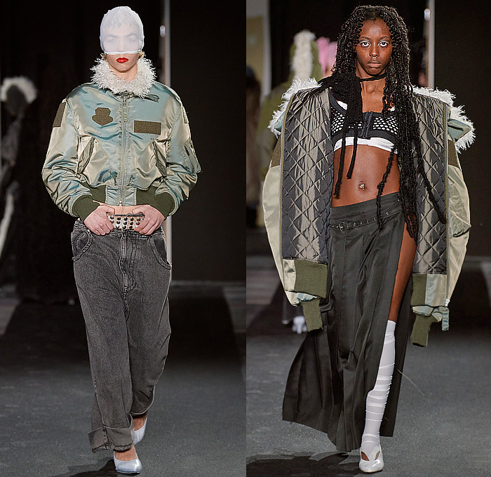 Vaquera 2023-2024 Fall Autumn Winter Womens Runway Collection - Paris Fashion Week Femme PFW - Headwear Studs Spikes Bralette Leather Dark Wash Denim Jeans Fur Crop Top Midriff Hood Balaclava Puff Sleeves Destroyed Wide Belt Plaid Check Bomber Jacket Nylon Patches Quilted Puffer Parka Sheer Tights Parachute Skirt Pockets Draped Harness Mesh Fishnet Fringes Onesie Unitard Jumpsuit Sheer Tulle Shorts Sequins Dress Gown Vest Skirt Panel Plastic Cape Rainwear Lingerie Handbag Gloves 