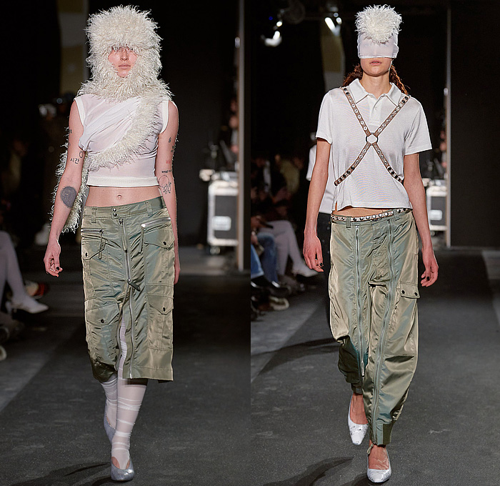 Vaquera 2023-2024 Fall Autumn Winter Womens Runway Collection - Paris Fashion Week Femme PFW - Headwear Studs Spikes Bralette Leather Dark Wash Denim Jeans Fur Crop Top Midriff Hood Balaclava Puff Sleeves Destroyed Wide Belt Plaid Check Bomber Jacket Nylon Patches Quilted Puffer Parka Sheer Tights Parachute Skirt Pockets Draped Harness Mesh Fishnet Fringes Onesie Unitard Jumpsuit Sheer Tulle Shorts Sequins Dress Gown Vest Skirt Panel Plastic Cape Rainwear Lingerie Handbag Gloves 