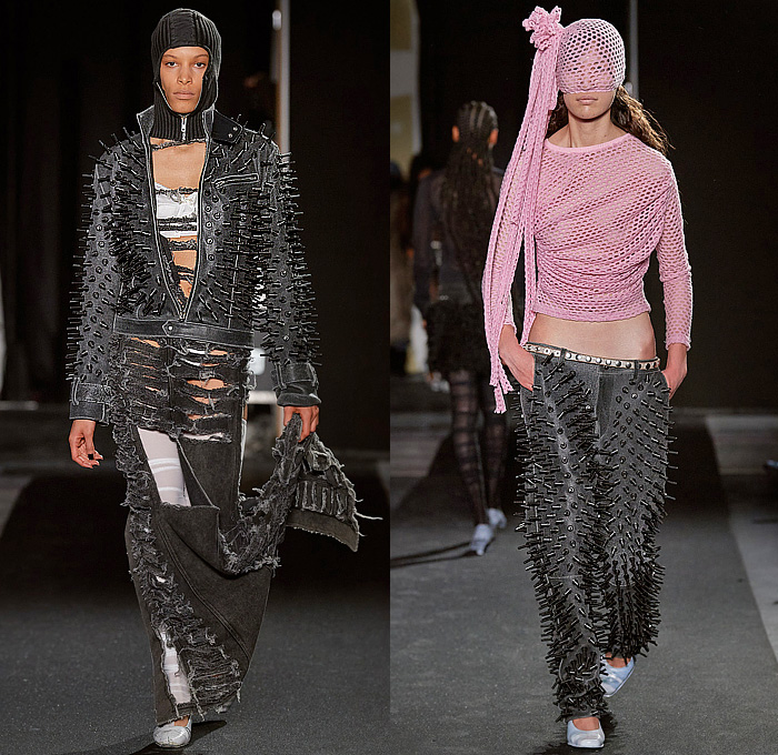 Vaquera 2023-2024 Fall Autumn Winter Womens Runway Collection - Paris Fashion Week Femme PFW - Headwear Studs Spikes Bralette Leather Dark Wash Denim Jeans Fur Crop Top Midriff Hood Balaclava Puff Sleeves Destroyed Wide Belt Plaid Check Bomber Jacket Nylon Patches Quilted Puffer Parka Sheer Tights Parachute Skirt Pockets Draped Harness Mesh Fishnet Fringes Onesie Unitard Jumpsuit Sheer Tulle Shorts Sequins Dress Gown Vest Skirt Panel Plastic Cape Rainwear Lingerie Handbag Gloves 