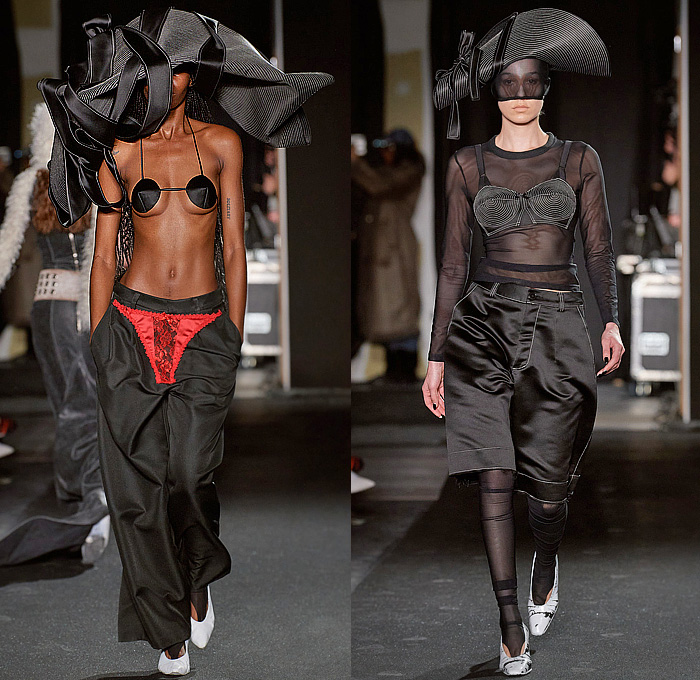 Vaquera 2023-2024 Fall Autumn Winter Womens Runway Collection - Paris Fashion Week Femme PFW - Headwear Studs Spikes Bralette Leather Dark Wash Denim Jeans Fur Crop Top Midriff Hood Balaclava Puff Sleeves Destroyed Wide Belt Plaid Check Bomber Jacket Nylon Patches Quilted Puffer Parka Sheer Tights Parachute Skirt Pockets Draped Harness Mesh Fishnet Fringes Onesie Unitard Jumpsuit Sheer Tulle Shorts Sequins Dress Gown Vest Skirt Panel Plastic Cape Rainwear Lingerie Handbag Gloves 