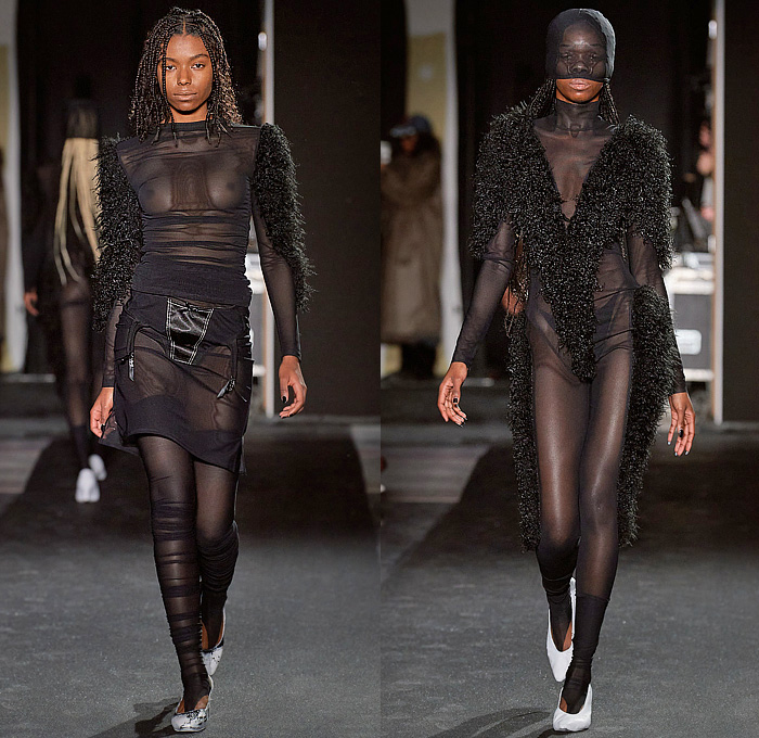 Vaquera 2023-2024 Fall Autumn Winter Womens Runway Collection - Paris Fashion Week Femme PFW - Headwear Studs Spikes Bralette Leather Dark Wash Denim Jeans Fur Crop Top Midriff Hood Balaclava Puff Sleeves Destroyed Wide Belt Plaid Check Bomber Jacket Nylon Patches Quilted Puffer Parka Sheer Tights Parachute Skirt Pockets Draped Harness Mesh Fishnet Fringes Onesie Unitard Jumpsuit Sheer Tulle Shorts Sequins Dress Gown Vest Skirt Panel Plastic Cape Rainwear Lingerie Handbag Gloves 