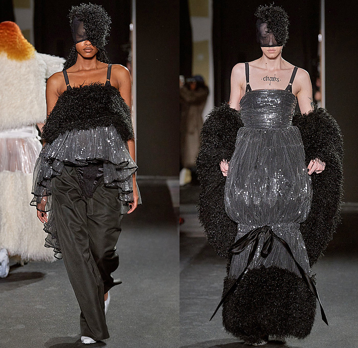 Vaquera 2023-2024 Fall Autumn Winter Womens Runway Collection - Paris Fashion Week Femme PFW - Headwear Studs Spikes Bralette Leather Dark Wash Denim Jeans Fur Crop Top Midriff Hood Balaclava Puff Sleeves Destroyed Wide Belt Plaid Check Bomber Jacket Nylon Patches Quilted Puffer Parka Sheer Tights Parachute Skirt Pockets Draped Harness Mesh Fishnet Fringes Onesie Unitard Jumpsuit Sheer Tulle Shorts Sequins Dress Gown Vest Skirt Panel Plastic Cape Rainwear Lingerie Handbag Gloves 