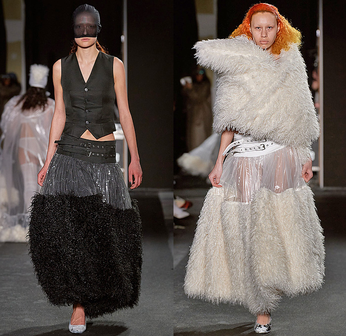 Vaquera 2023-2024 Fall Autumn Winter Womens Runway Collection - Paris Fashion Week Femme PFW - Headwear Studs Spikes Bralette Leather Dark Wash Denim Jeans Fur Crop Top Midriff Hood Balaclava Puff Sleeves Destroyed Wide Belt Plaid Check Bomber Jacket Nylon Patches Quilted Puffer Parka Sheer Tights Parachute Skirt Pockets Draped Harness Mesh Fishnet Fringes Onesie Unitard Jumpsuit Sheer Tulle Shorts Sequins Dress Gown Vest Skirt Panel Plastic Cape Rainwear Lingerie Handbag Gloves 