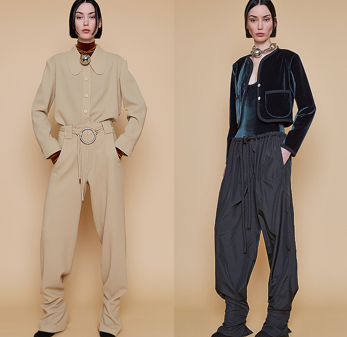 Veronique Leroy 2023-2024 Fall Autumn Winter Womens Lookbook Presentation - Paris Fashion Week Femme PFW - Denim Jeans Jacket Wide Lapel Velvet Onesie Jumpsuit Playsuit Unitard Coveralls High Waist Wide Leg Turtleneck Knit Sweater Crop Top Midriff Paper Bag Waist Vest Sleeveless Gilet Slouchy Loose Baggy Pants Blouse Metal Ring Tank Top Miniskirt Tights Leggings Maxi Dress Gown Cinch Scarf Wrapped Heels