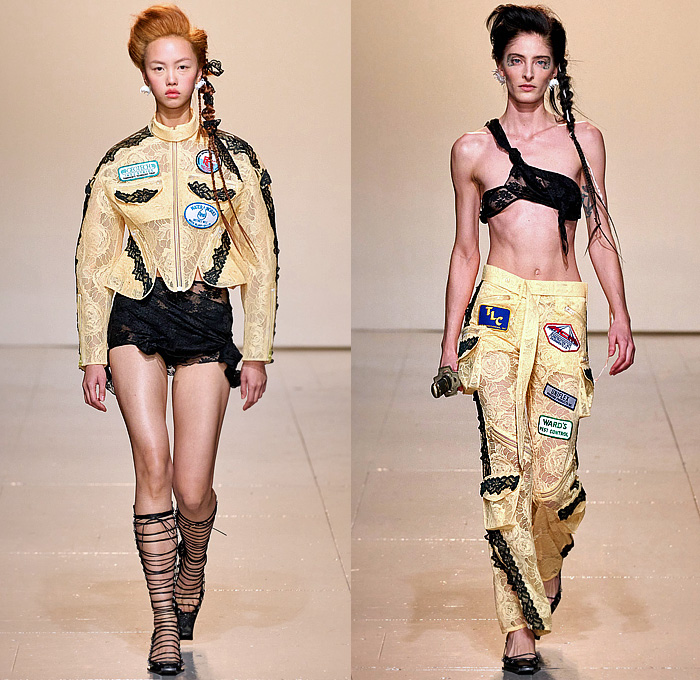 Yuhan Wang 2023-2024 Fall Autumn Winter Womens Runway Catwalk Looks - London Fashion Week Collections UK - The Women Who Came Back - Lace Embroidery Patches Moto Mechanic Jacket Tied Knots Miniskirt One Shoulder Crop Top Midriff Chain Ribbons Harness Bralette Sheer Tulle Flowers Floral Rose Bud Dress Halterneck Sequins Laces Knit Crochet Fringes Frayed Patchwork Check Plaid Blazer Intimates Fur Cutout Biker Pants Midi Skirt Tights Gladiators Gauntlet Gloves Katana