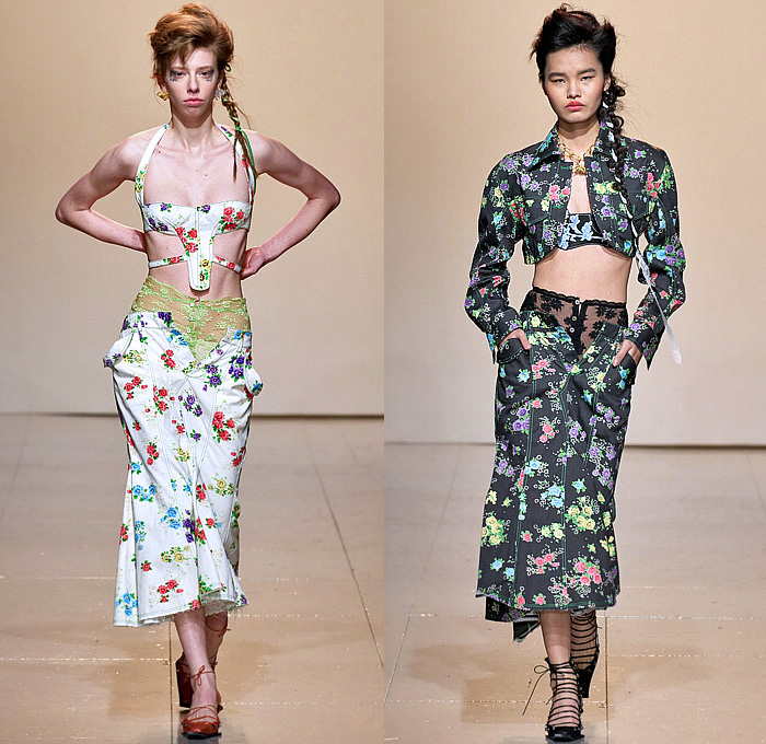 Yuhan Wang 2023-2024 Fall Autumn Winter Womens Runway Catwalk Looks - London Fashion Week Collections UK - The Women Who Came Back - Lace Embroidery Patches Moto Mechanic Jacket Tied Knots Miniskirt One Shoulder Crop Top Midriff Chain Ribbons Harness Bralette Sheer Tulle Flowers Floral Rose Bud Dress Halterneck Sequins Laces Knit Crochet Fringes Frayed Patchwork Check Plaid Blazer Intimates Fur Cutout Biker Pants Midi Skirt Tights Gladiators Gauntlet Gloves Katana