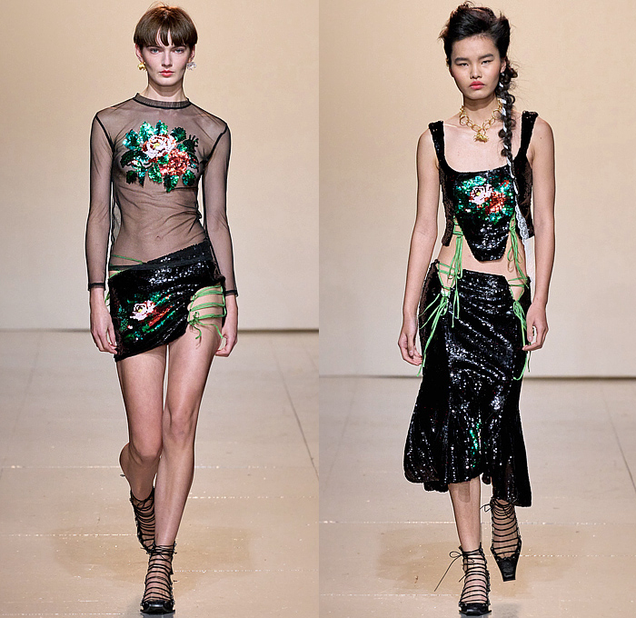 Yuhan Wang 2023-2024 Fall Autumn Winter Womens Runway Catwalk Looks - London Fashion Week Collections UK - The Women Who Came Back - Lace Embroidery Patches Moto Mechanic Jacket Tied Knots Miniskirt One Shoulder Crop Top Midriff Chain Ribbons Harness Bralette Sheer Tulle Flowers Floral Rose Bud Dress Halterneck Sequins Laces Knit Crochet Fringes Frayed Patchwork Check Plaid Blazer Intimates Fur Cutout Biker Pants Midi Skirt Tights Gladiators Gauntlet Gloves Katana