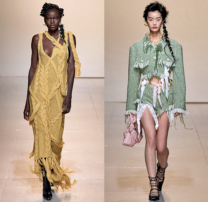 Yuhan Wang 2023-2024 Fall Autumn Winter Womens Runway Catwalk Looks - London Fashion Week Collections UK - The Women Who Came Back - Lace Embroidery Patches Moto Mechanic Jacket Tied Knots Miniskirt One Shoulder Crop Top Midriff Chain Ribbons Harness Bralette Sheer Tulle Flowers Floral Rose Bud Dress Halterneck Sequins Laces Knit Crochet Fringes Frayed Patchwork Check Plaid Blazer Intimates Fur Cutout Biker Pants Midi Skirt Tights Gladiators Gauntlet Gloves Katana