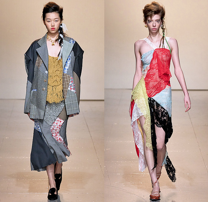 Yuhan Wang 2023-2024 Fall Autumn Winter Womens Runway Catwalk Looks - London Fashion Week Collections UK - The Women Who Came Back - Lace Embroidery Patches Moto Mechanic Jacket Tied Knots Miniskirt One Shoulder Crop Top Midriff Chain Ribbons Harness Bralette Sheer Tulle Flowers Floral Rose Bud Dress Halterneck Sequins Laces Knit Crochet Fringes Frayed Patchwork Check Plaid Blazer Intimates Fur Cutout Biker Pants Midi Skirt Tights Gladiators Gauntlet Gloves Katana