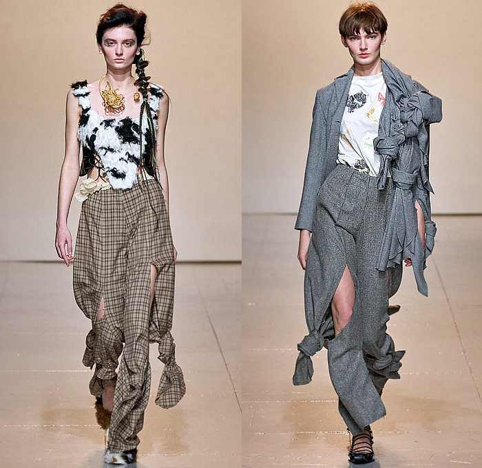 Yuhan Wang 2023-2024 Fall Autumn Winter Womens Runway Catwalk Looks - London Fashion Week Collections UK - The Women Who Came Back - Lace Embroidery Patches Moto Mechanic Jacket Tied Knots Miniskirt One Shoulder Crop Top Midriff Chain Ribbons Harness Bralette Sheer Tulle Flowers Floral Rose Bud Dress Halterneck Sequins Laces Knit Crochet Fringes Frayed Patchwork Check Plaid Blazer Intimates Fur Cutout Biker Pants Midi Skirt Tights Gladiators Gauntlet Gloves Katana