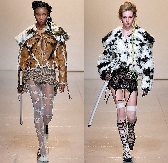 Yuhan Wang 2023-2024 Fall Autumn Winter Womens Runway Catwalk Looks - London Fashion Week Collections UK - The Women Who Came Back - Lace Embroidery Patches Moto Mechanic Jacket Tied Knots Miniskirt One Shoulder Crop Top Midriff Chain Ribbons Harness Bralette Sheer Tulle Flowers Floral Rose Bud Dress Halterneck Sequins Laces Knit Crochet Fringes Frayed Patchwork Check Plaid Blazer Intimates Fur Cutout Biker Pants Midi Skirt Tights Gladiators Gauntlet Gloves Katana