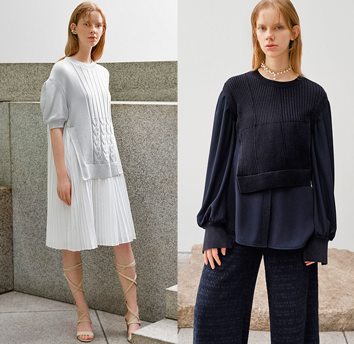 Adeam 2023 Resort Cruise Pre-Spring Womens Lookbook Presentation - Deconstructed Knit Blouse Sweater Vest Drawstring Cinch Cutout Ribbed Hoodie Twist Tied Cross Wrap Patchwork Two-Tone One Shoulder Asymmetrical Lattice Ruffles Frills Halterneck Shift Dress Poufy Shoulders Puff Sleeves Holes Loungewear Outerwear Trench Coat Accordion Pleats Midi Skirt Wide Leg Utility Pockets Cargo Pants Gladiators