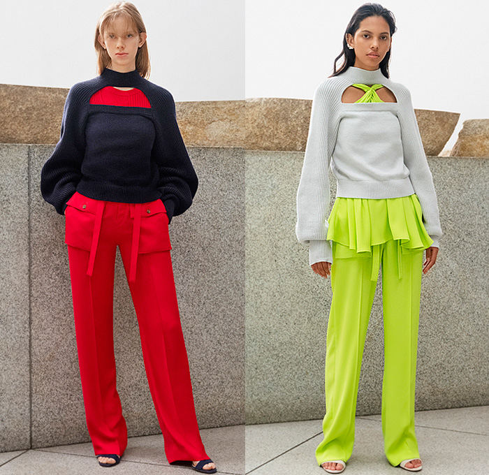 Adeam 2023 Resort Cruise Pre-Spring Womens Lookbook Presentation - Deconstructed Knit Blouse Sweater Vest Drawstring Cinch Cutout Ribbed Hoodie Twist Tied Cross Wrap Patchwork Two-Tone One Shoulder Asymmetrical Lattice Ruffles Frills Halterneck Shift Dress Poufy Shoulders Puff Sleeves Holes Loungewear Outerwear Trench Coat Accordion Pleats Midi Skirt Wide Leg Utility Pockets Cargo Pants Gladiators