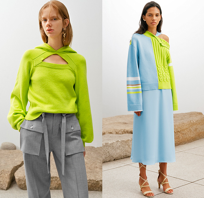 Adeam 2023 Resort Cruise Pre-Spring Womens Lookbook Presentation - Deconstructed Knit Blouse Sweater Vest Drawstring Cinch Cutout Ribbed Hoodie Twist Tied Cross Wrap Patchwork Two-Tone One Shoulder Asymmetrical Lattice Ruffles Frills Halterneck Shift Dress Poufy Shoulders Puff Sleeves Holes Loungewear Outerwear Trench Coat Accordion Pleats Midi Skirt Wide Leg Utility Pockets Cargo Pants Gladiators