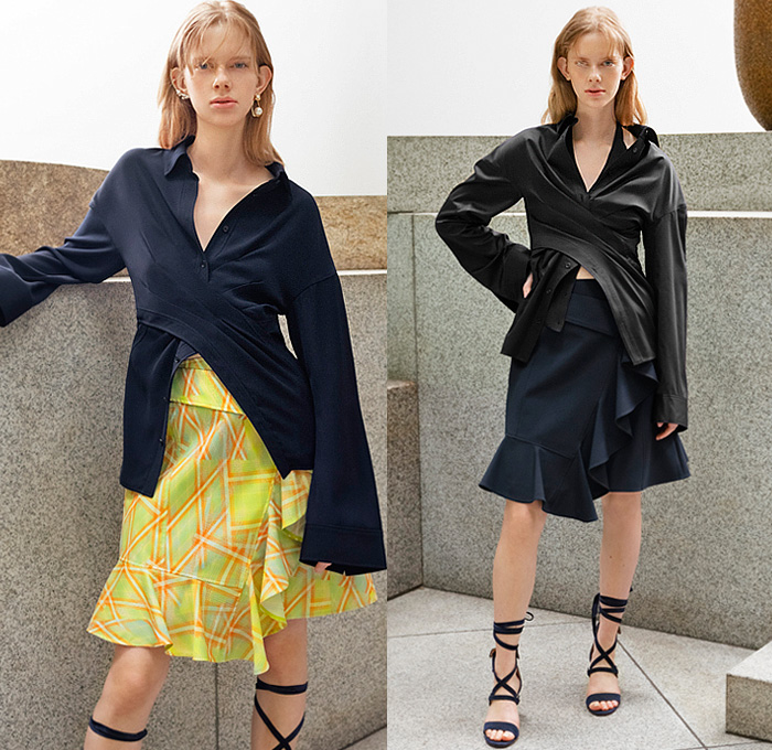 Adeam 2023 Resort Cruise Pre-Spring Womens Lookbook Presentation - Deconstructed Knit Blouse Sweater Vest Drawstring Cinch Cutout Ribbed Hoodie Twist Tied Cross Wrap Patchwork Two-Tone One Shoulder Asymmetrical Lattice Ruffles Frills Halterneck Shift Dress Poufy Shoulders Puff Sleeves Holes Loungewear Outerwear Trench Coat Accordion Pleats Midi Skirt Wide Leg Utility Pockets Cargo Pants Gladiators