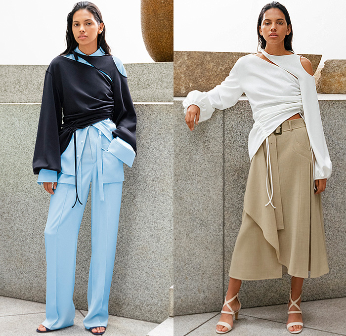 Adeam 2023 Resort Cruise Pre-Spring Womens Lookbook Presentation - Deconstructed Knit Blouse Sweater Vest Drawstring Cinch Cutout Ribbed Hoodie Twist Tied Cross Wrap Patchwork Two-Tone One Shoulder Asymmetrical Lattice Ruffles Frills Halterneck Shift Dress Poufy Shoulders Puff Sleeves Holes Loungewear Outerwear Trench Coat Accordion Pleats Midi Skirt Wide Leg Utility Pockets Cargo Pants Gladiators