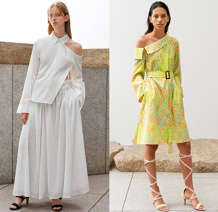 Adeam 2023 Resort Cruise Pre-Spring Womens Lookbook Presentation - Deconstructed Knit Blouse Sweater Vest Drawstring Cinch Cutout Ribbed Hoodie Twist Tied Cross Wrap Patchwork Two-Tone One Shoulder Asymmetrical Lattice Ruffles Frills Halterneck Shift Dress Poufy Shoulders Puff Sleeves Holes Loungewear Outerwear Trench Coat Accordion Pleats Midi Skirt Wide Leg Utility Pockets Cargo Pants Gladiators