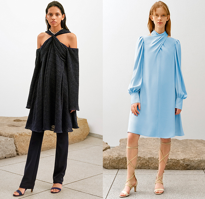 Adeam 2023 Resort Cruise Pre-Spring Womens Lookbook Presentation - Deconstructed Knit Blouse Sweater Vest Drawstring Cinch Cutout Ribbed Hoodie Twist Tied Cross Wrap Patchwork Two-Tone One Shoulder Asymmetrical Lattice Ruffles Frills Halterneck Shift Dress Poufy Shoulders Puff Sleeves Holes Loungewear Outerwear Trench Coat Accordion Pleats Midi Skirt Wide Leg Utility Pockets Cargo Pants Gladiators