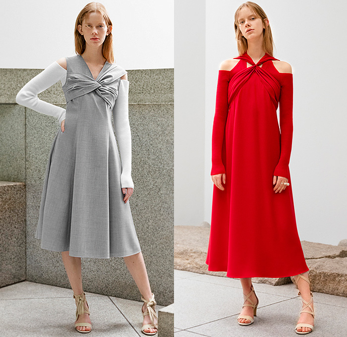 Adeam 2023 Resort Cruise Pre-Spring Womens Lookbook Presentation - Deconstructed Knit Blouse Sweater Vest Drawstring Cinch Cutout Ribbed Hoodie Twist Tied Cross Wrap Patchwork Two-Tone One Shoulder Asymmetrical Lattice Ruffles Frills Halterneck Shift Dress Poufy Shoulders Puff Sleeves Holes Loungewear Outerwear Trench Coat Accordion Pleats Midi Skirt Wide Leg Utility Pockets Cargo Pants Gladiators