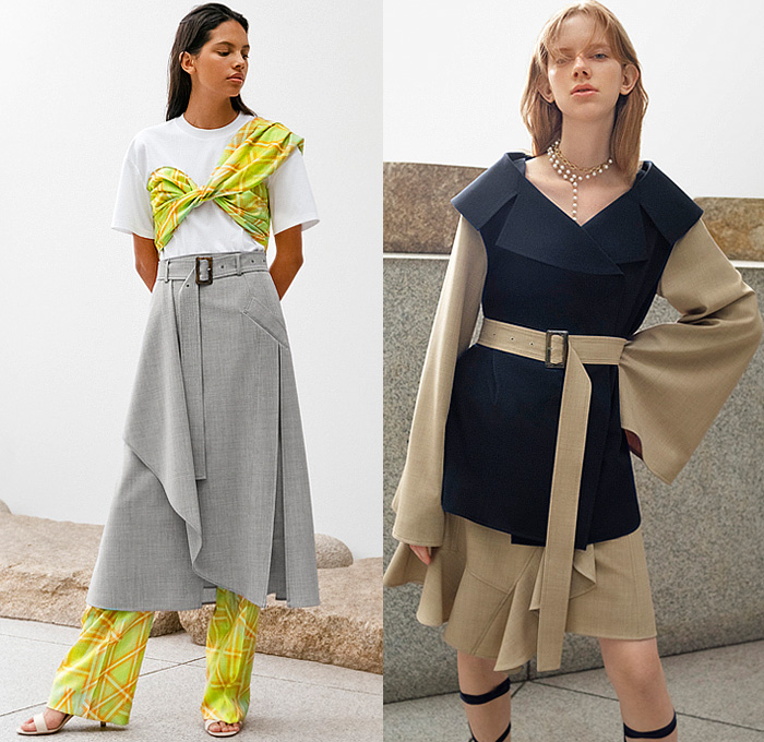 Adeam 2023 Resort Cruise Pre-Spring Womens Lookbook Presentation - Deconstructed Knit Blouse Sweater Vest Drawstring Cinch Cutout Ribbed Hoodie Twist Tied Cross Wrap Patchwork Two-Tone One Shoulder Asymmetrical Lattice Ruffles Frills Halterneck Shift Dress Poufy Shoulders Puff Sleeves Holes Loungewear Outerwear Trench Coat Accordion Pleats Midi Skirt Wide Leg Utility Pockets Cargo Pants Gladiators