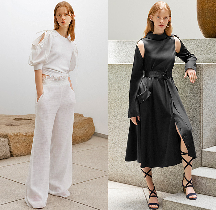 Adeam 2023 Resort Cruise Pre-Spring Womens Lookbook Presentation - Deconstructed Knit Blouse Sweater Vest Drawstring Cinch Cutout Ribbed Hoodie Twist Tied Cross Wrap Patchwork Two-Tone One Shoulder Asymmetrical Lattice Ruffles Frills Halterneck Shift Dress Poufy Shoulders Puff Sleeves Holes Loungewear Outerwear Trench Coat Accordion Pleats Midi Skirt Wide Leg Utility Pockets Cargo Pants Gladiators