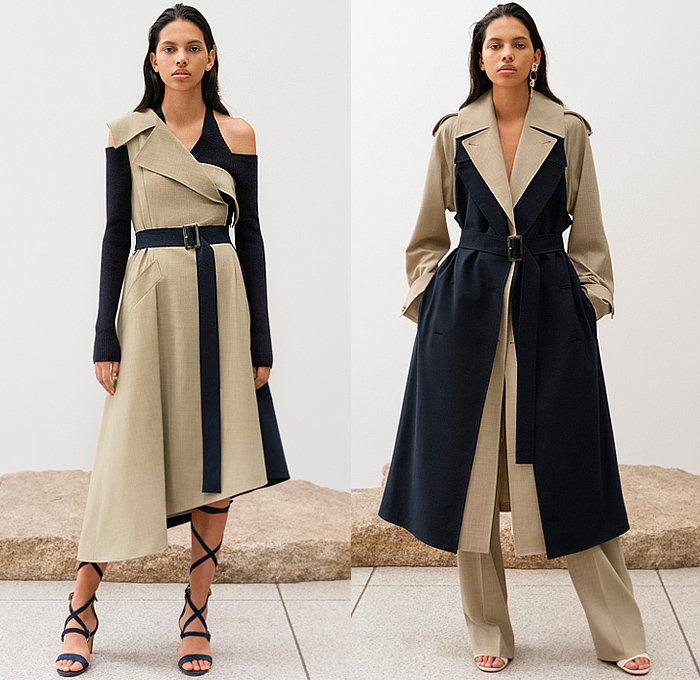 Adeam 2023 Resort Cruise Pre-Spring Womens Lookbook Presentation - Deconstructed Knit Blouse Sweater Vest Drawstring Cinch Cutout Ribbed Hoodie Twist Tied Cross Wrap Patchwork Two-Tone One Shoulder Asymmetrical Lattice Ruffles Frills Halterneck Shift Dress Poufy Shoulders Puff Sleeves Holes Loungewear Outerwear Trench Coat Accordion Pleats Midi Skirt Wide Leg Utility Pockets Cargo Pants Gladiators