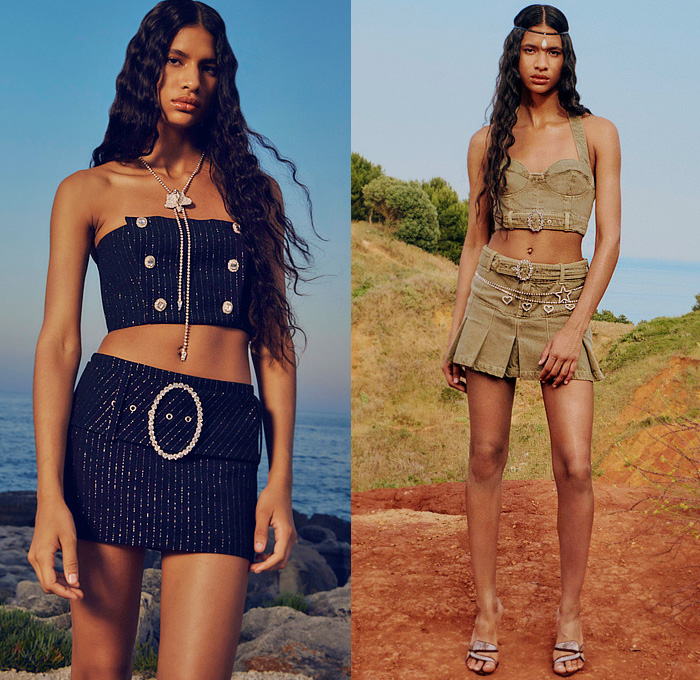 Alessandra Rich 2023 Resort Cruise Pre-Spring Womens Lookbook Presentation - Flames Crop Top Midriff Leather Jacket Grunge Knit Jacquard Brocade Stripes Poufy Shoulders Sweatshirt Ruffles Blouse Vest Pinstripe Crystals Glitter Butterfly Strapless Cross Halterneck Puritan Collar Hearts Stars Lace Embroidery Mesh Shorts Hotpants Wide Leg Denim Jeans Flowers Floral Flare Miniskirt Plaid Check Mini Dress Cutout Swimsuit Cinch Polka Dots Noodle Strap Feathers Gown